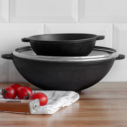 Сковородка Brizoll чугунная WOK W28-1 со стеклянной крышкой 3.7 л