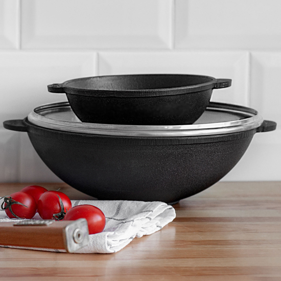 Сковородка Brizoll чугунная WOK W30-1 со стеклянной крышкой 4.7 л